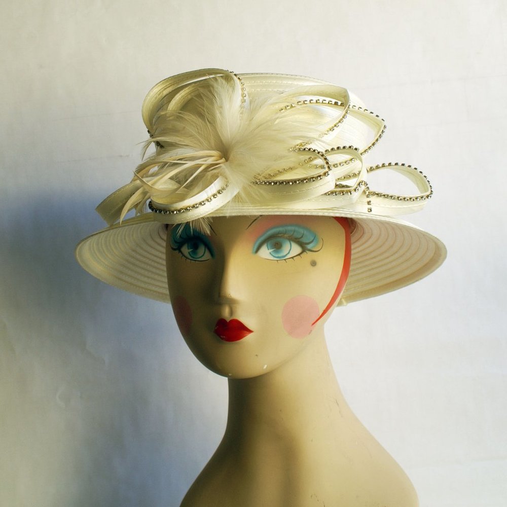Ivory Satin Ribbon Hat with Loopy ribbon accent US Size OS